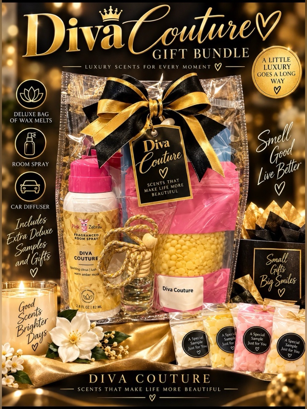 Pink Zebra Diva Couture Gift Bag Wax Melt Car Diffuser Room Spray Bundle Set